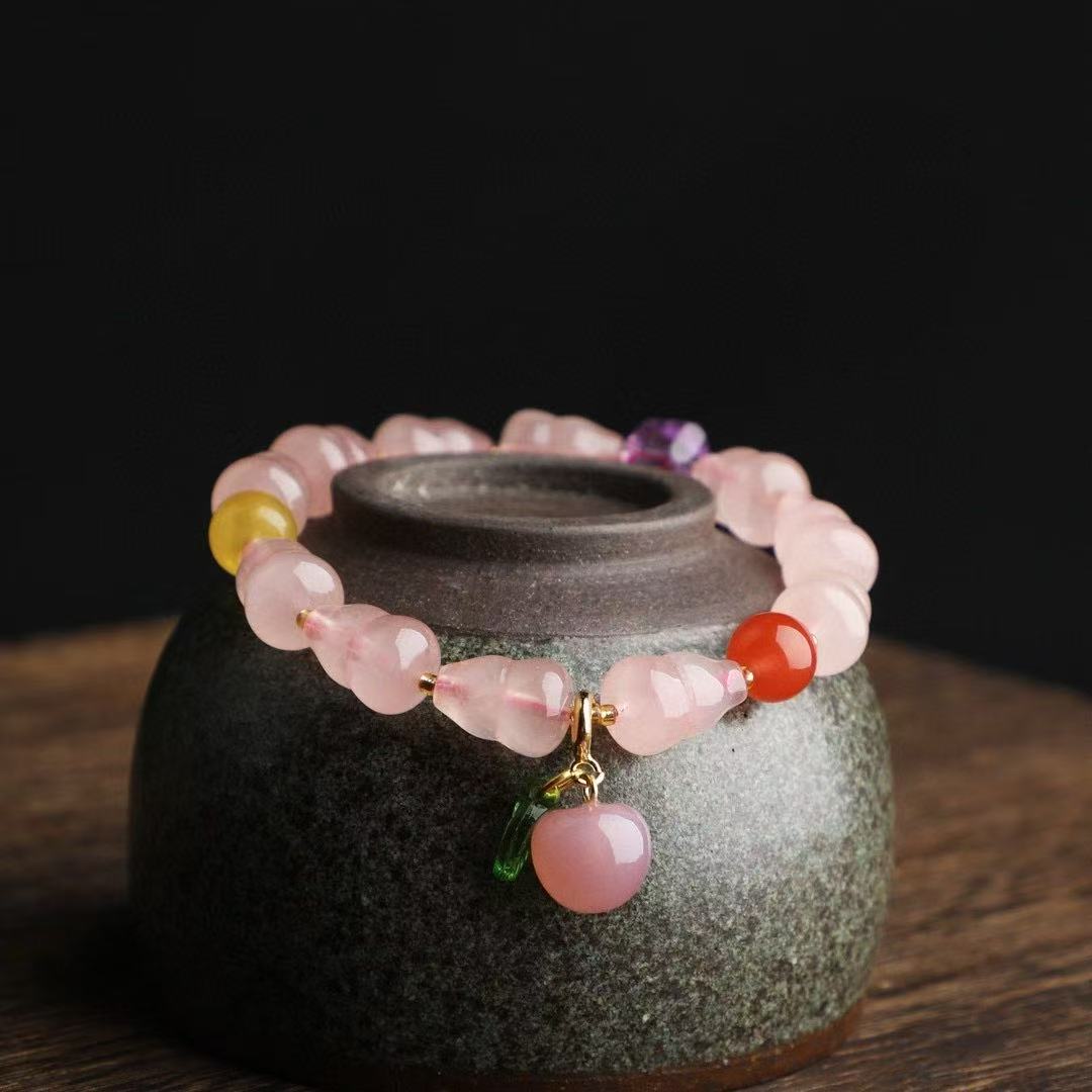 ✨ Rose Quartz Gourd Bracelet ✨ —Natural Gemstone Mix • Beeswax • Nanhong • Amethyst—