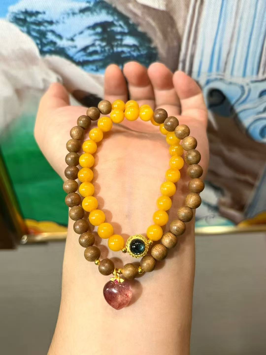 ✨ Vintage Amber & Agarwood Elegance Bracelet ✨ —6mm • Silver Tourmaline Accent • Strawberry Quartz Heart