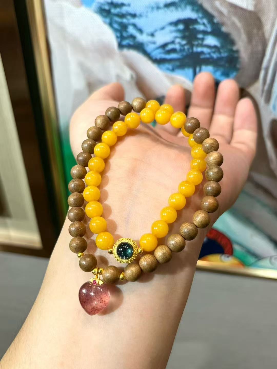 ✨ Vintage Amber & Agarwood Elegance Bracelet ✨ —6mm • Silver Tourmaline Accent • Strawberry Quartz Heart