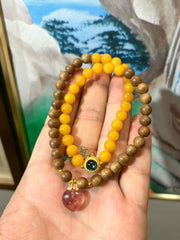 ✨ Vintage Amber & Agarwood Elegance Bracelet ✨ —6mm • Silver Tourmaline Accent • Strawberry Quartz Heart