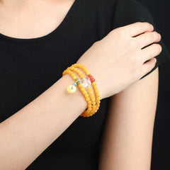 5mm Natural Amber Bracelet with Carnelian, White Crystal & Jasper - "Honey Wax" Color - Skin Care & Luck Attracting