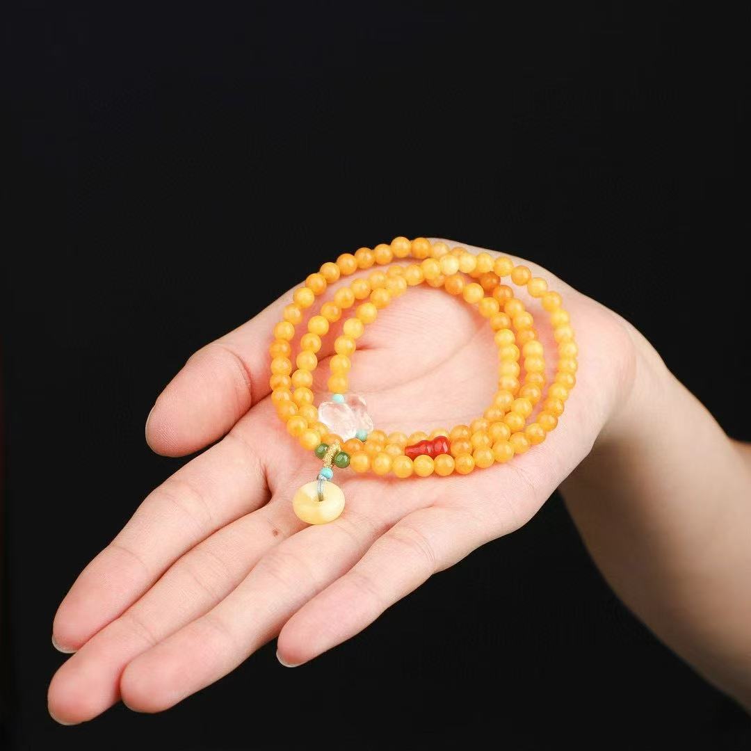 5mm Natural Amber Bracelet with Carnelian, White Crystal & Jasper - "Honey Wax" Color - Skin Care & Luck Attracting