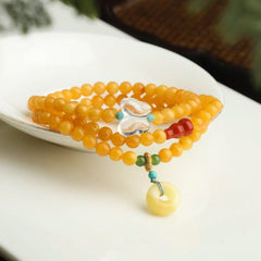 5mm Natural Amber Bracelet with Carnelian, White Crystal & Jasper - "Honey Wax" Color - Skin Care & Luck Attracting