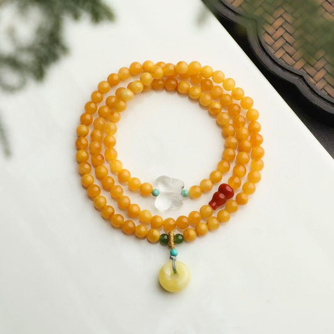 5mm Natural Amber Bracelet with Carnelian, White Crystal & Jasper - "Honey Wax" Color - Skin Care & Luck Attracting