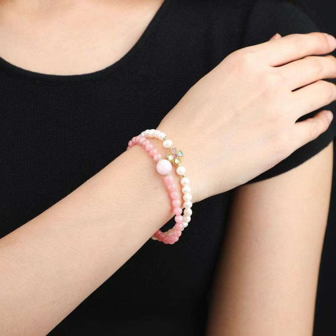 5mm Natural Rhodochrosite & Pearl Double-Strand Bracelet w/ Silver Tourmaline Clover Charm ✨ Love Energy Jewelry