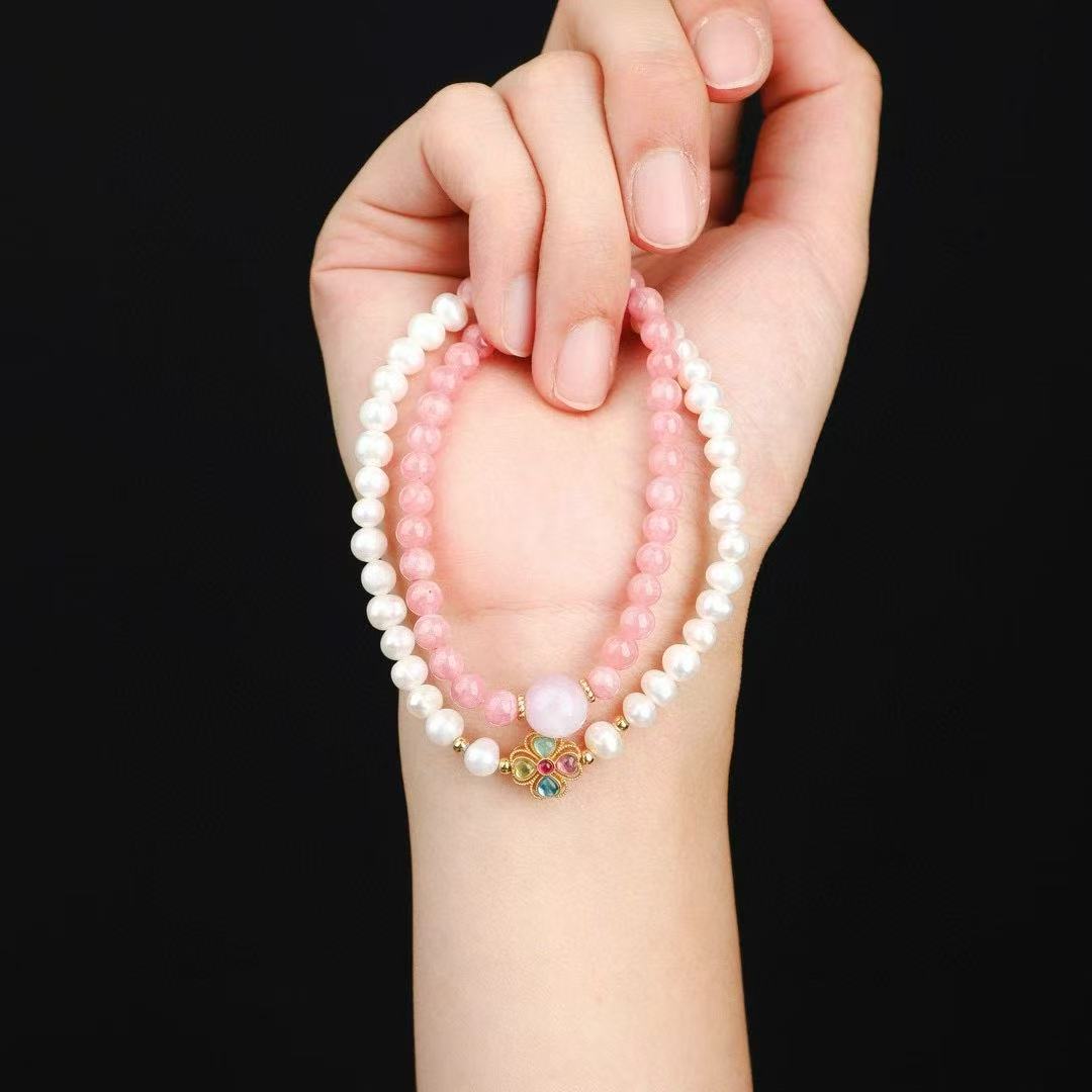 5mm Natural Rhodochrosite & Pearl Double-Strand Bracelet w/ Silver Tourmaline Clover Charm ✨ Love Energy Jewelry