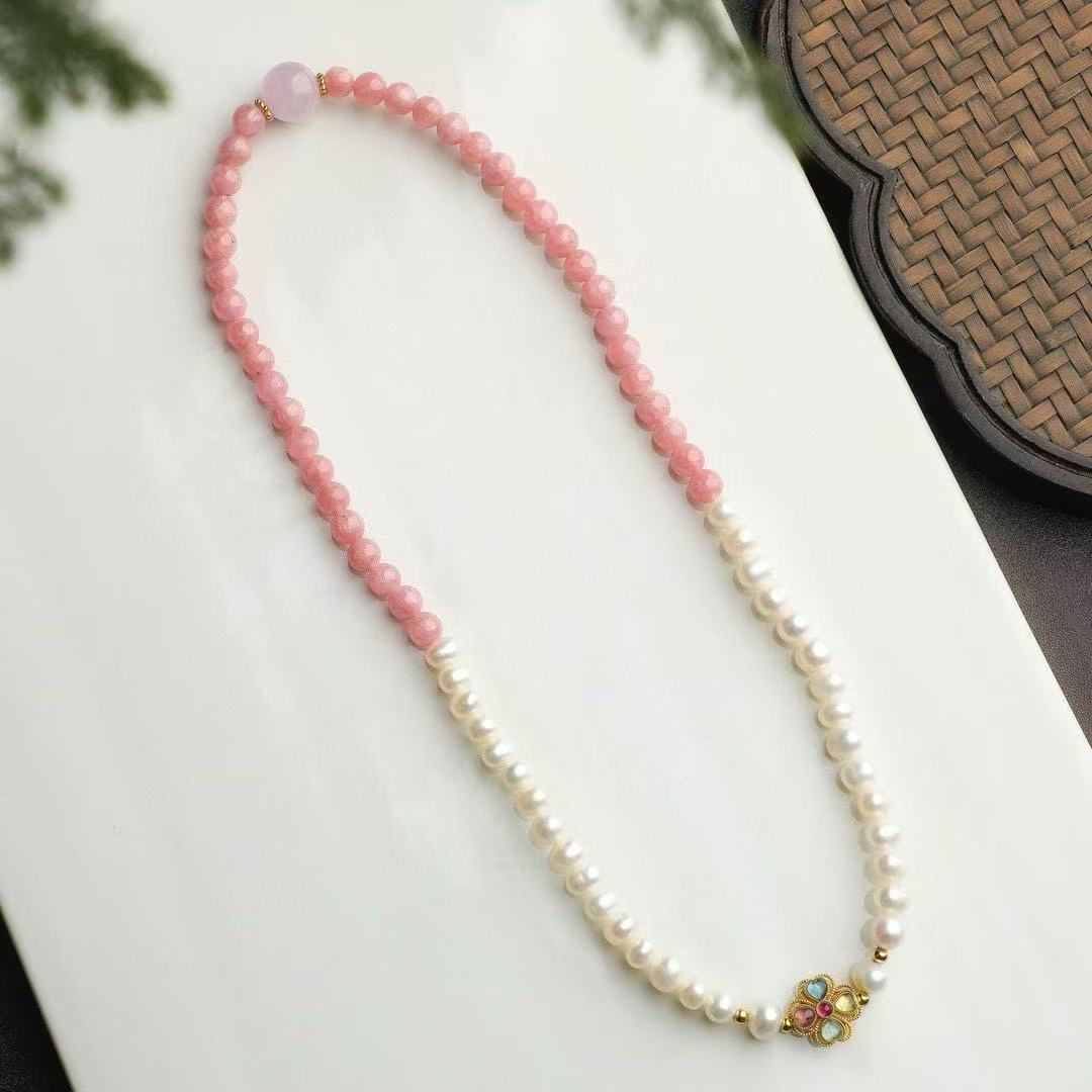 5mm Natural Rhodochrosite & Pearl Double-Strand Bracelet w/ Silver Tourmaline Clover Charm ✨ Love Energy Jewelry