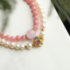 5mm Natural Rhodochrosite & Pearl Double-Strand Bracelet w/ Silver Tourmaline Clover Charm ✨ Love Energy Jewelry