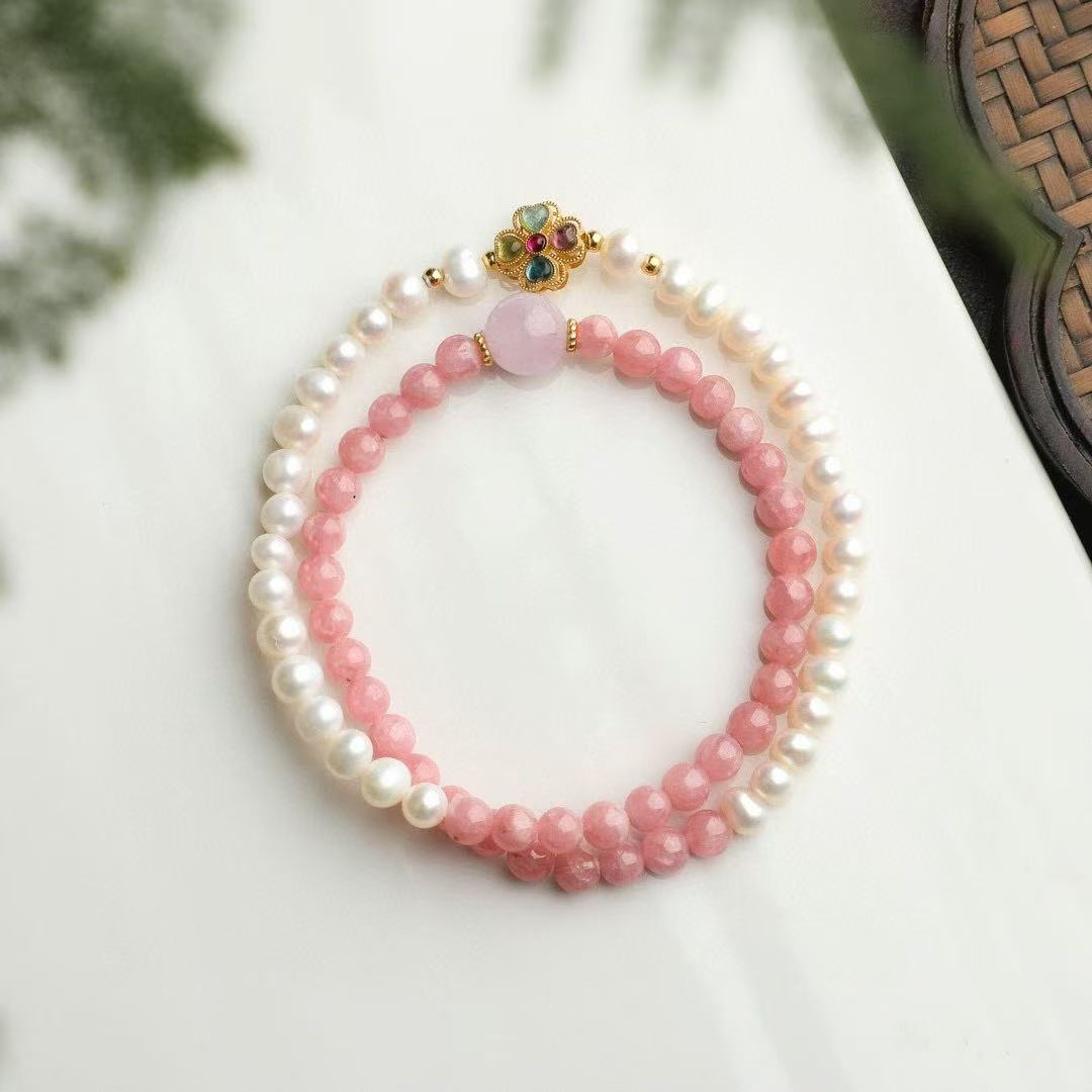 5mm Natural Rhodochrosite & Pearl Double-Strand Bracelet w/ Silver Tourmaline Clover Charm ✨ Love Energy Jewelry