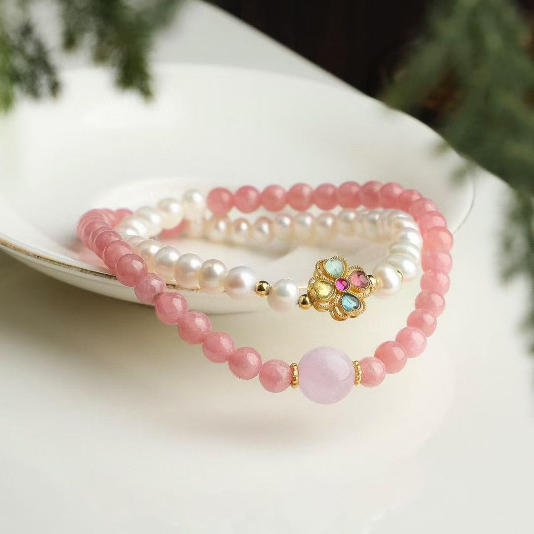 5mm Natural Rhodochrosite & Pearl Double-Strand Bracelet w/ Silver Tourmaline Clover Charm ✨ Love Energy Jewelry