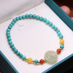 4.4mm Natural Turquoise Bead Bracelet w/ Antique Amber & Jadeite ✨ Stone of Kings Gift Set