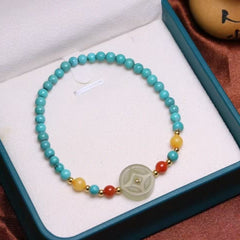 4.4mm Natural Turquoise Bead Bracelet w/ Antique Amber & Jadeite ✨ Stone of Kings Gift Set