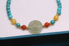 4.4mm Natural Turquoise Bead Bracelet w/ Antique Amber & Jadeite ✨ Stone of Kings Gift Set
