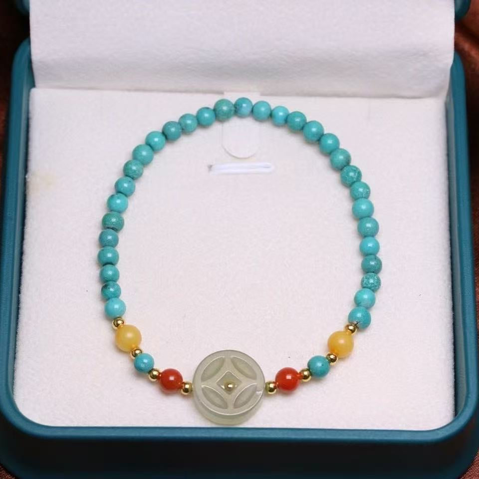 4.4mm Natural Turquoise Bead Bracelet w/ Antique Amber & Jadeite ✨ Stone of Kings Gift Set