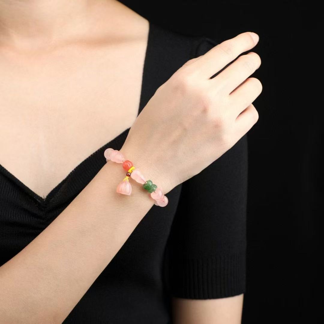 Hand-Knotted Rose Quartz Gourd Bracelet ✨ Double Luck Charm + Self-Love Energy