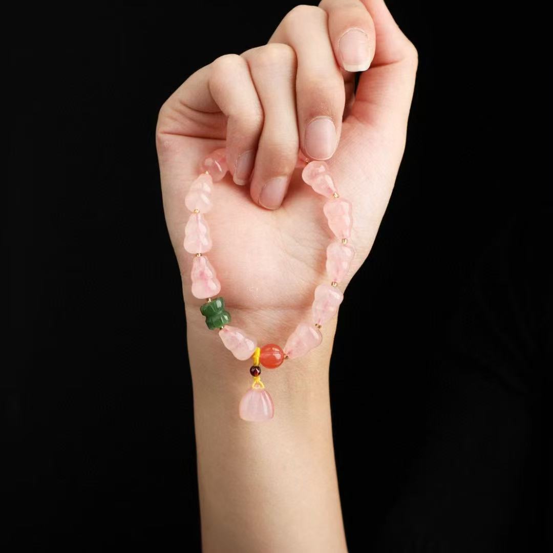 Hand-Knotted Rose Quartz Gourd Bracelet ✨ Double Luck Charm + Self-Love Energy