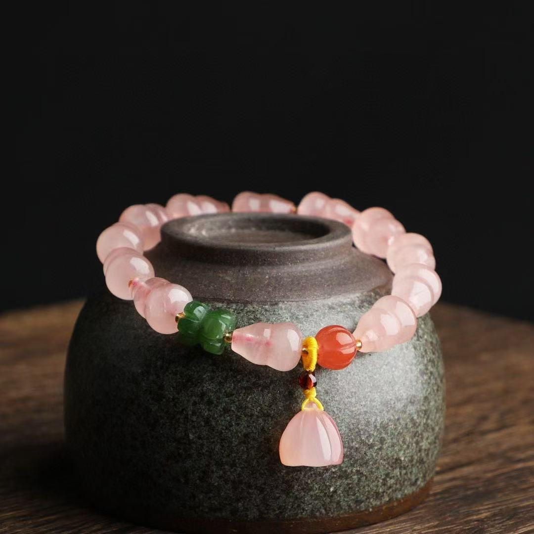 Hand-Knotted Rose Quartz Gourd Bracelet ✨ Double Luck Charm + Self-Love Energy