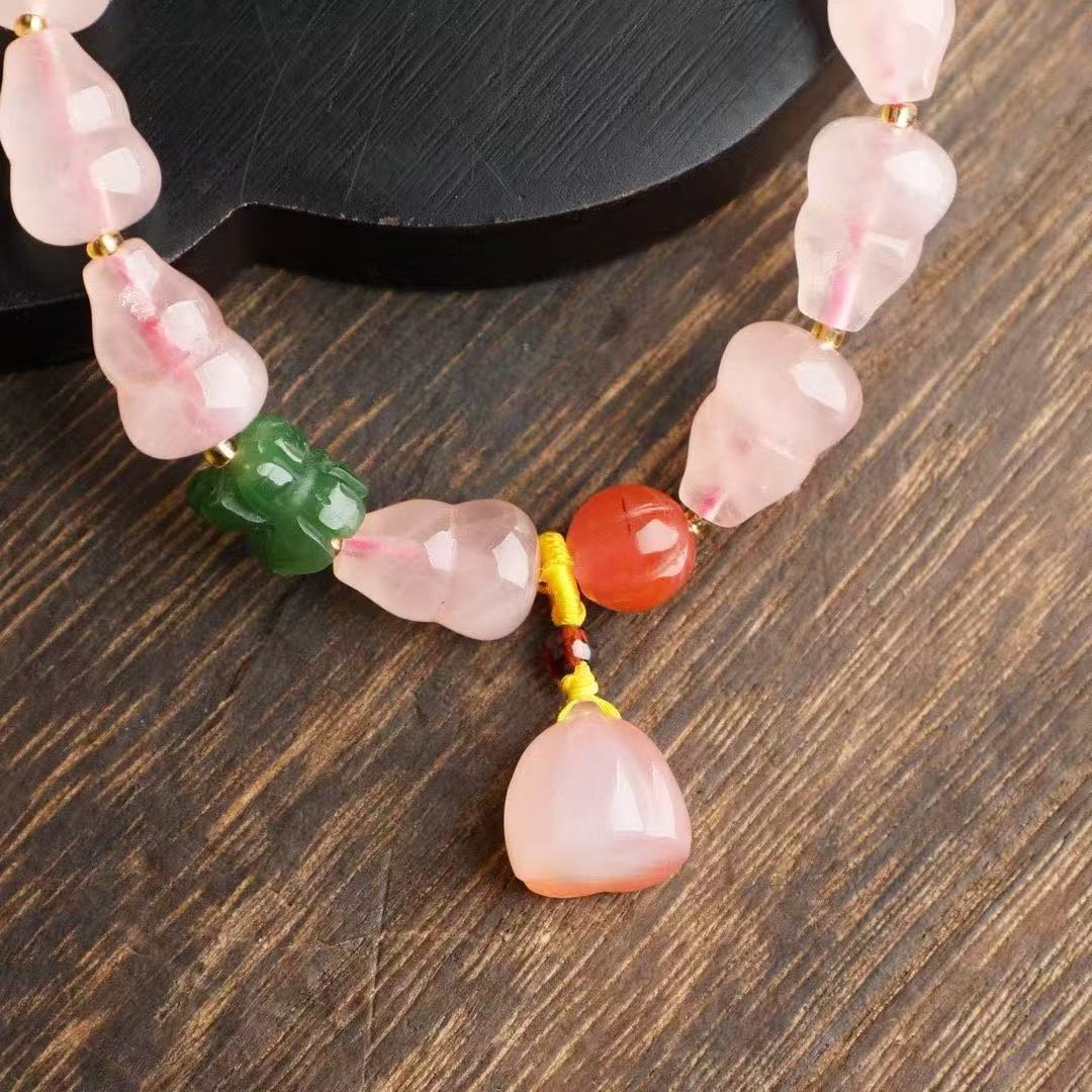 Hand-Knotted Rose Quartz Gourd Bracelet ✨ Double Luck Charm + Self-Love Energy