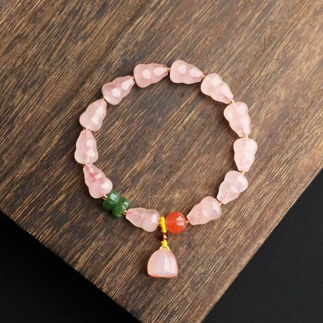 Hand-Knotted Rose Quartz Gourd Bracelet ✨ Double Luck Charm + Self-Love Energy