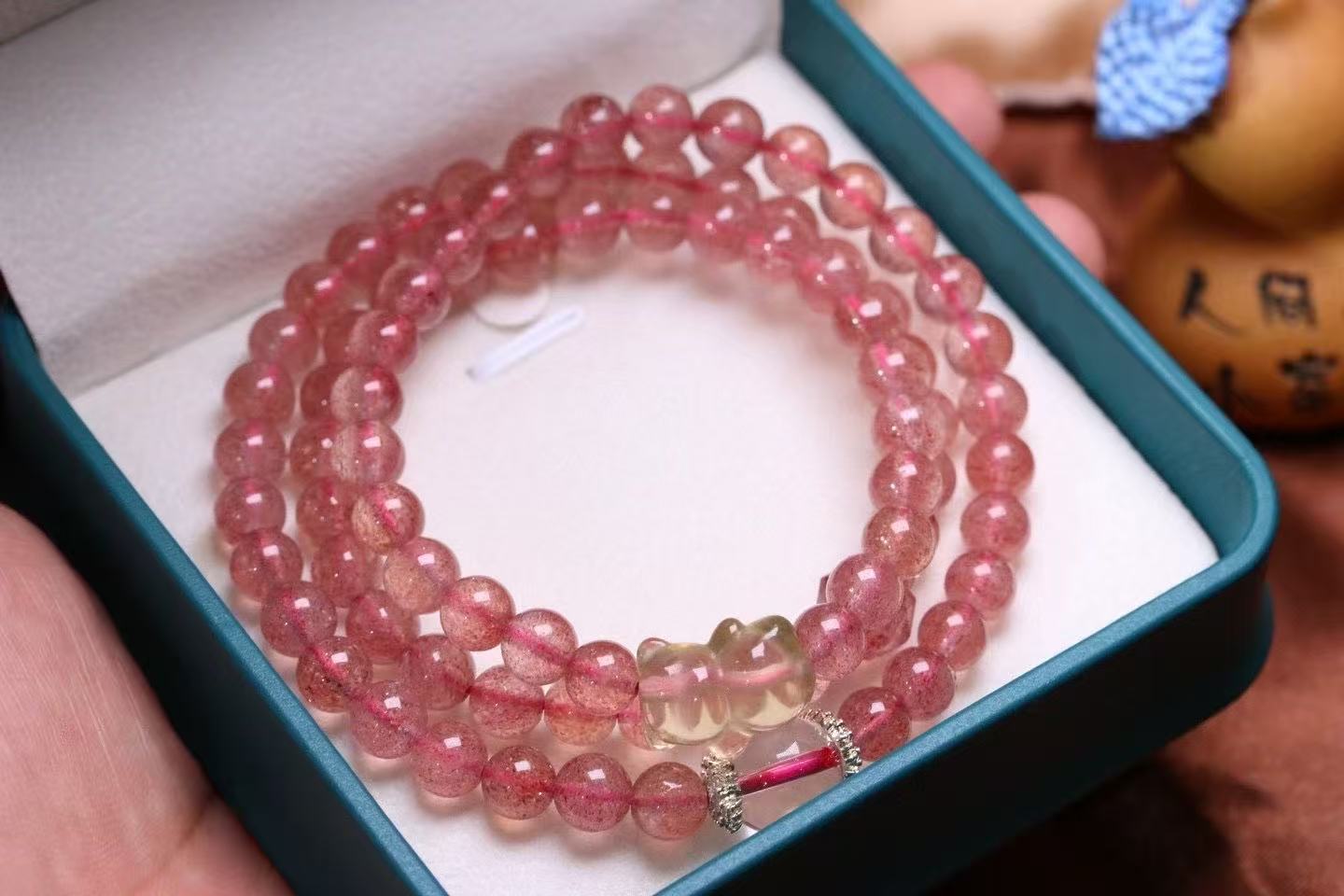 ✨ Triple-Wrap Strawberry Quartz Bracelet ✨ —6mm Sweet Energy • Yellow Quartz Bear • White Quartz Accents—