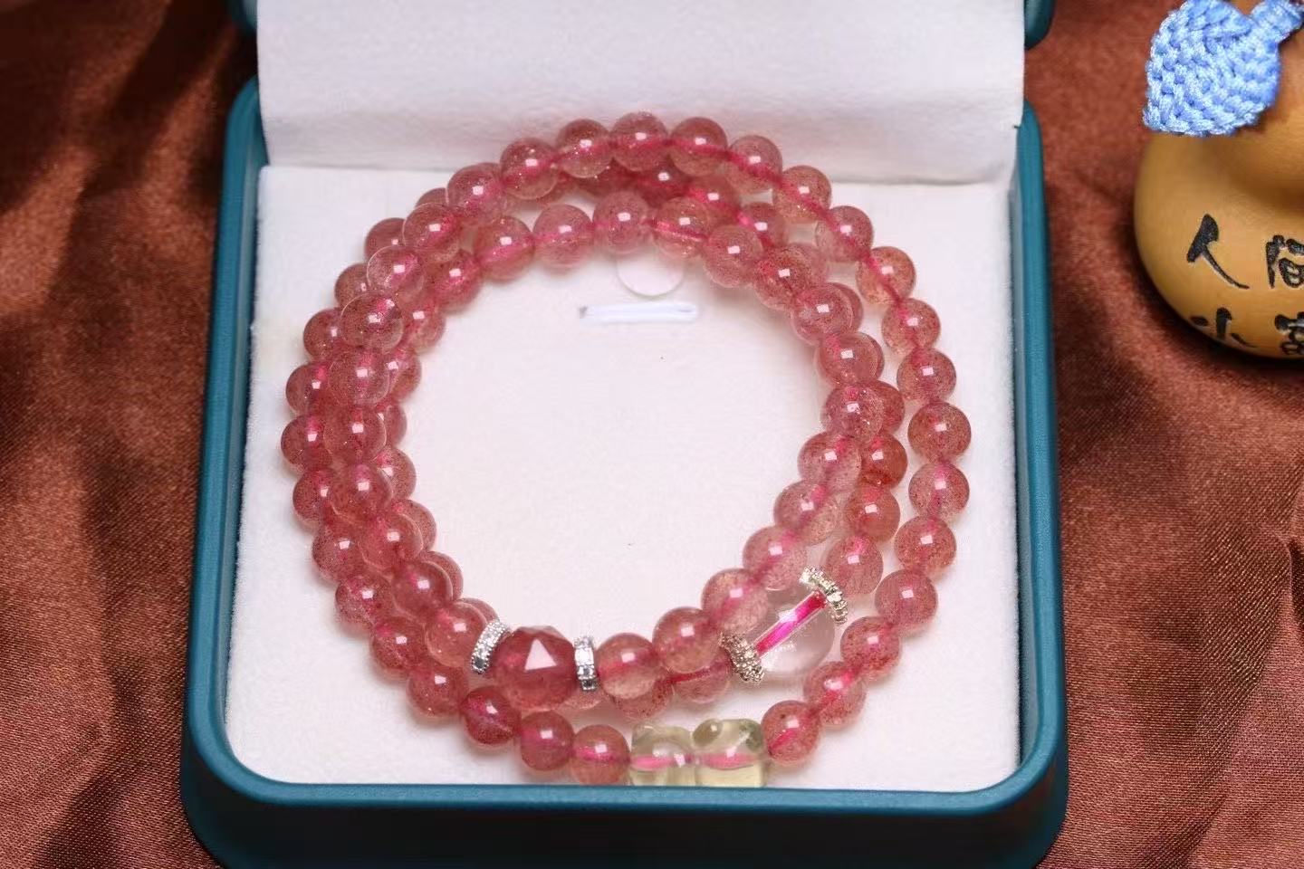 ✨ Triple-Wrap Strawberry Quartz Bracelet ✨ —6mm Sweet Energy • Yellow Quartz Bear • White Quartz Accents—