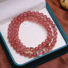 ✨ Triple-Wrap Strawberry Quartz Bracelet ✨ —6mm Sweet Energy • Yellow Quartz Bear • White Quartz Accents—