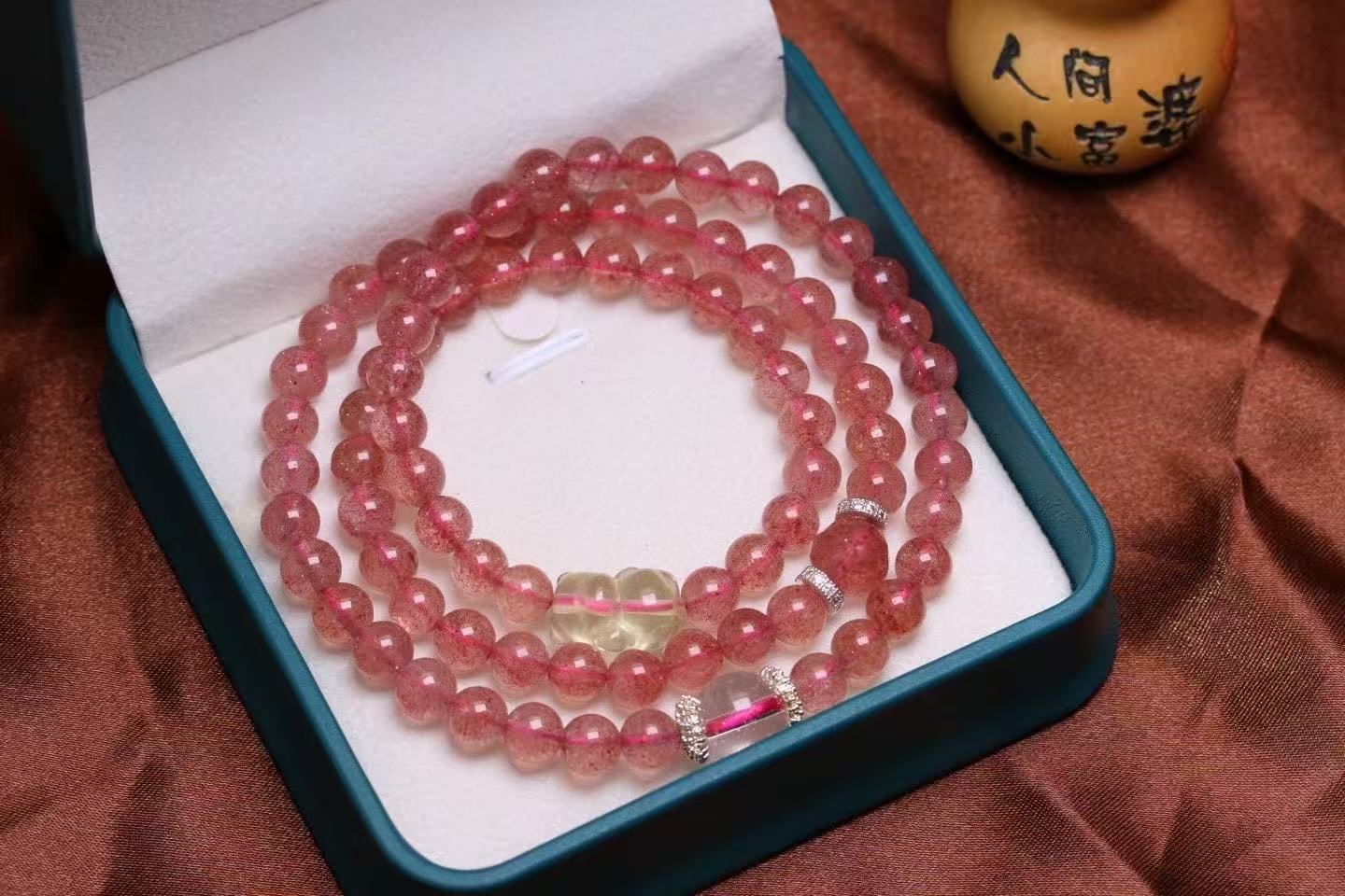 ✨ Triple-Wrap Strawberry Quartz Bracelet ✨ —6mm Sweet Energy • Yellow Quartz Bear • White Quartz Accents—