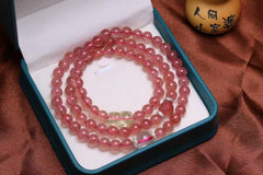 ✨ Triple-Wrap Strawberry Quartz Bracelet ✨ —6mm Sweet Energy • Yellow Quartz Bear • White Quartz Accents—