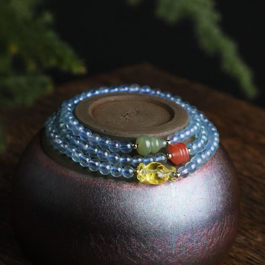 ✨ Aquamarine Serenity Bracelet ✨ —4.8mm Ocean Blue • Beeswax • Nanhong • Hetian Jade—