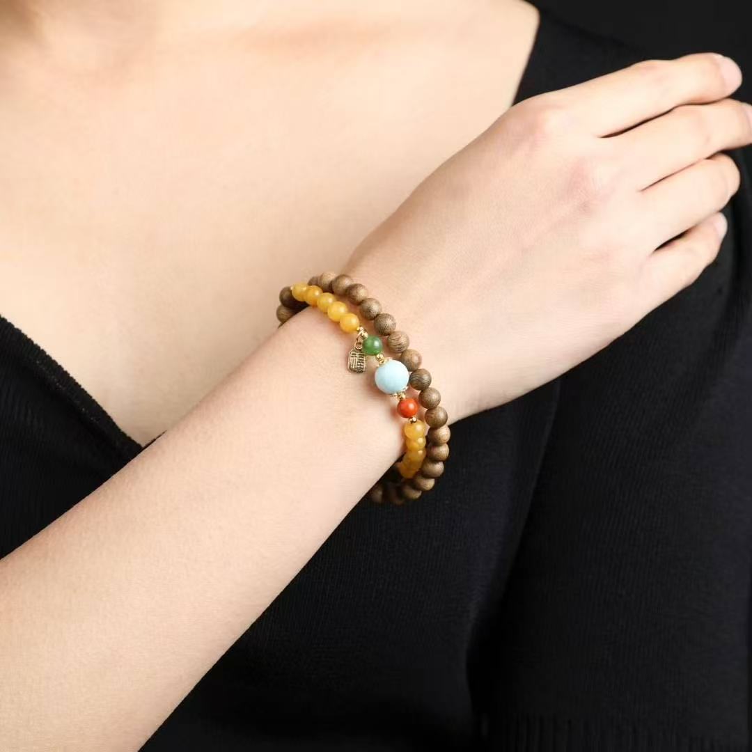 ✨ Natural Agarwood DIY Charm Bracelet ✨ —6mm Feminine Delicacy • Gemstone Quartet • Silver Blessings—