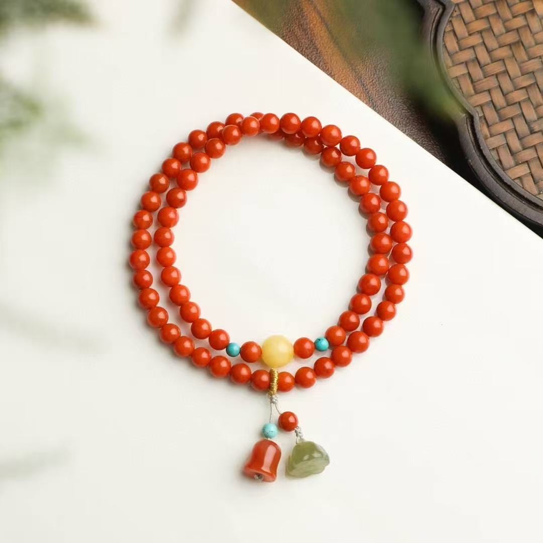 ✨ Nanhong Double-Wrap Elegance ✨ —5.2mm Imperial Vermilion • Turquoise • Beeswax—