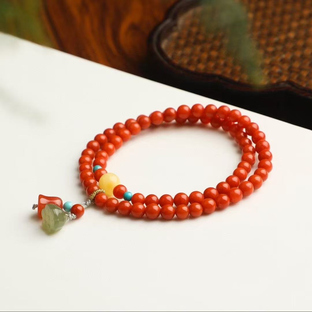 ✨ Nanhong Double-Wrap Elegance ✨ —5.2mm Imperial Vermilion • Turquoise • Beeswax—