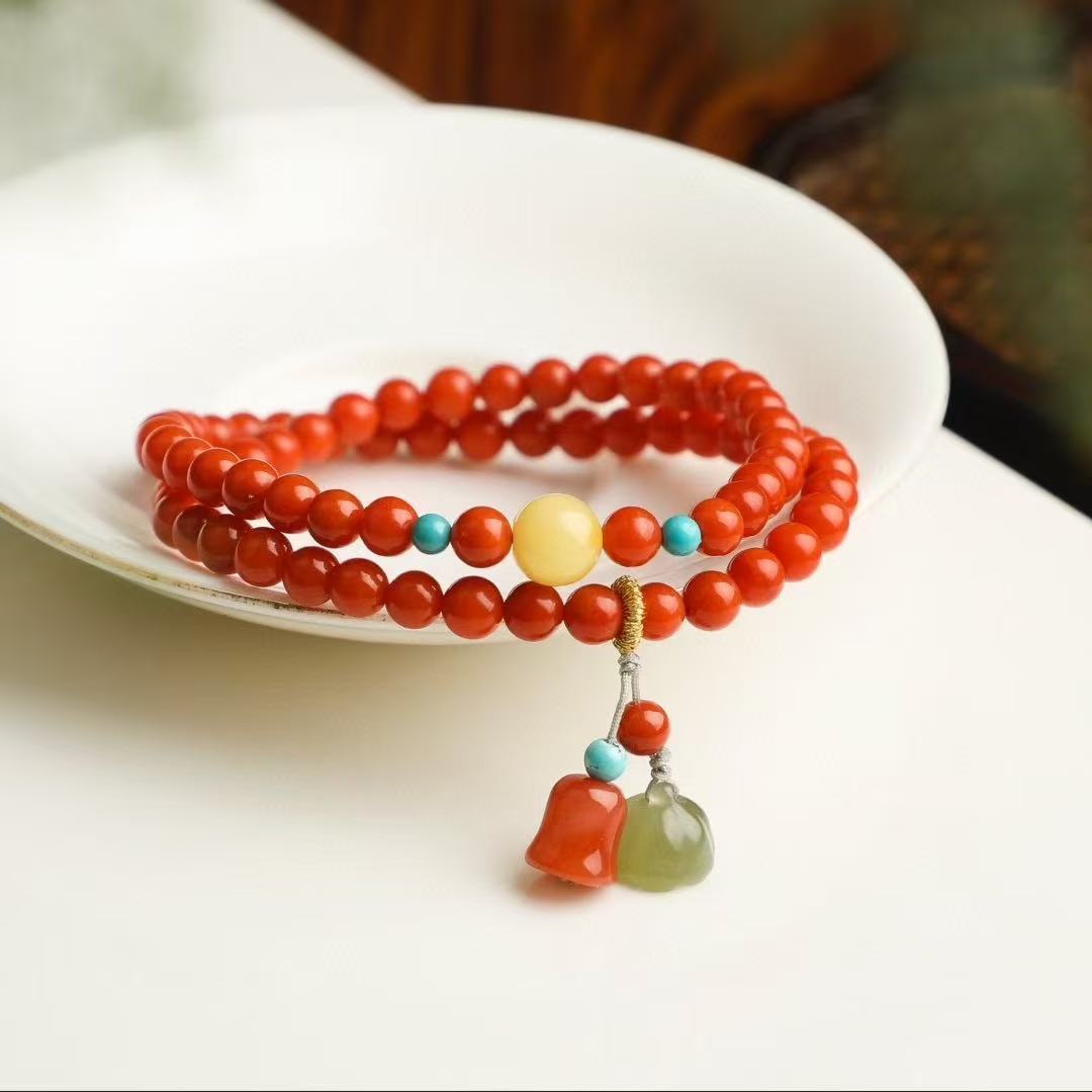 ✨ Nanhong Double-Wrap Elegance ✨ —5.2mm Imperial Vermilion • Turquoise • Beeswax—