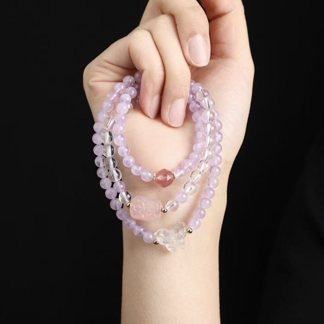 ✨ Lavender Crystal Charm Bracelet ✨ —6mm Milky Lilac • Salt Agate Floral Plate • Crystal Butterfly—