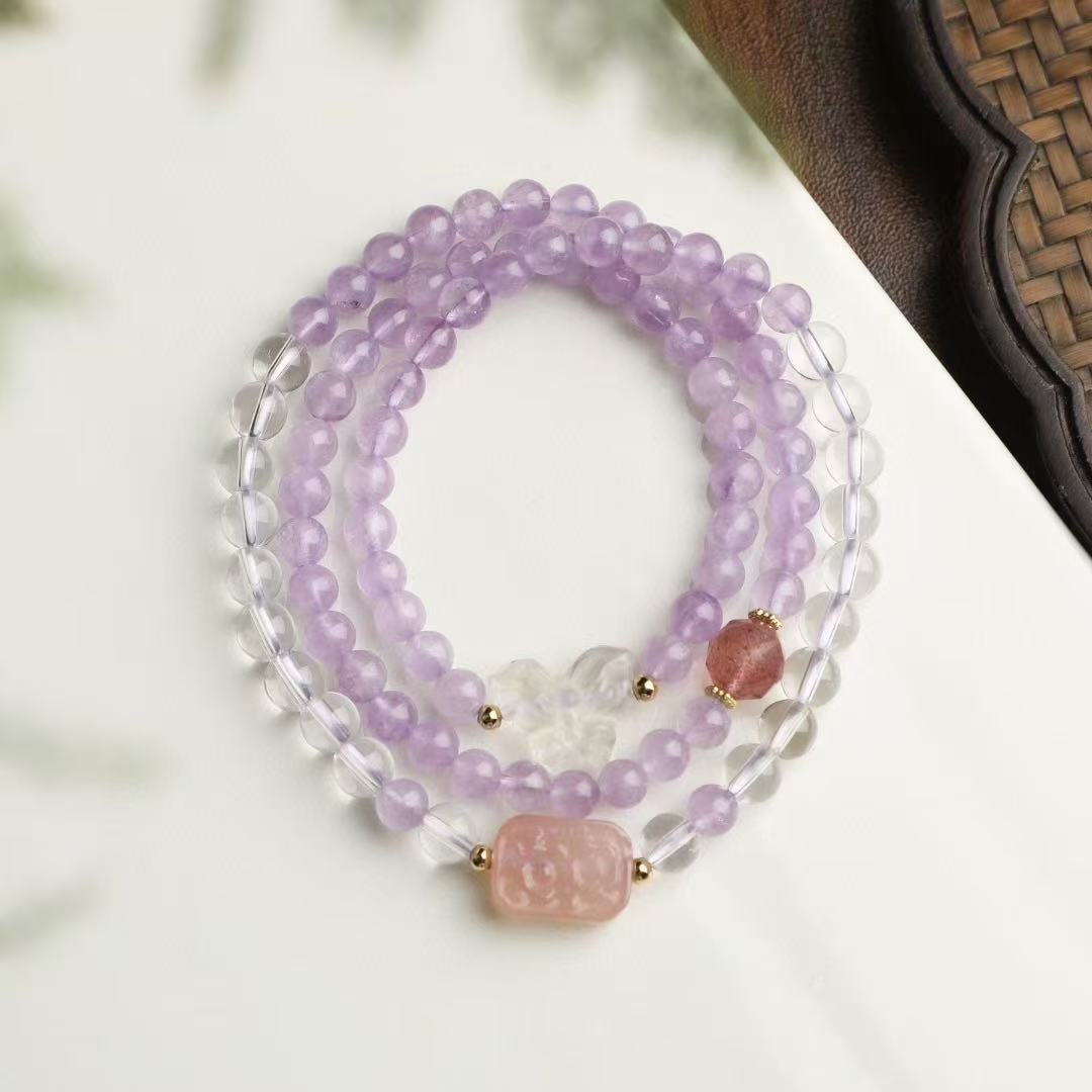 ✨ Lavender Crystal Charm Bracelet ✨ —6mm Milky Lilac • Salt Agate Floral Plate • Crystal Butterfly—