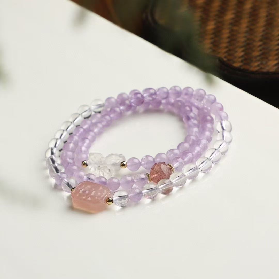 ✨ Lavender Crystal Charm Bracelet ✨ —6mm Milky Lilac • Salt Agate Floral Plate • Crystal Butterfly—