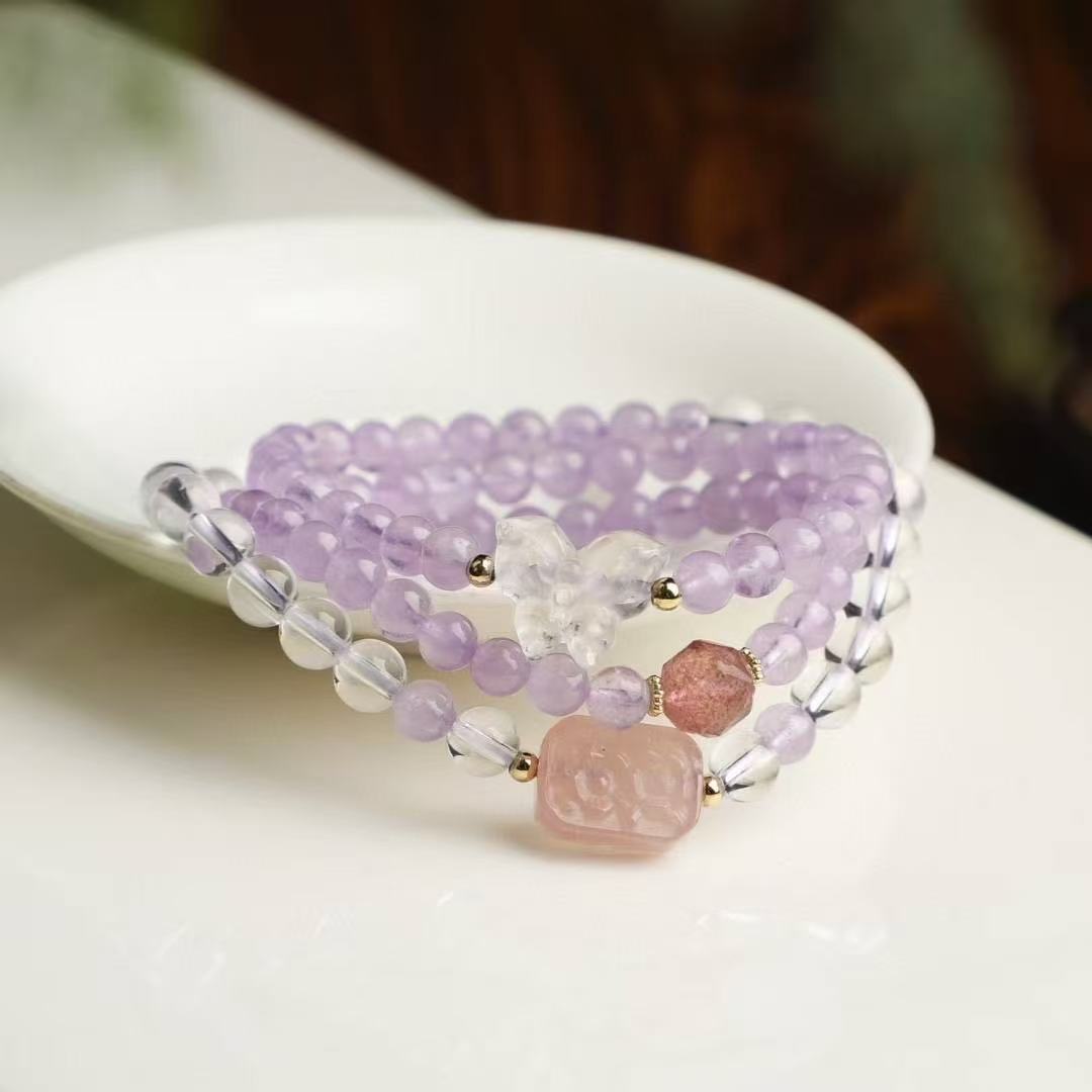 ✨ Lavender Crystal Charm Bracelet ✨ —6mm Milky Lilac • Salt Agate Floral Plate • Crystal Butterfly—