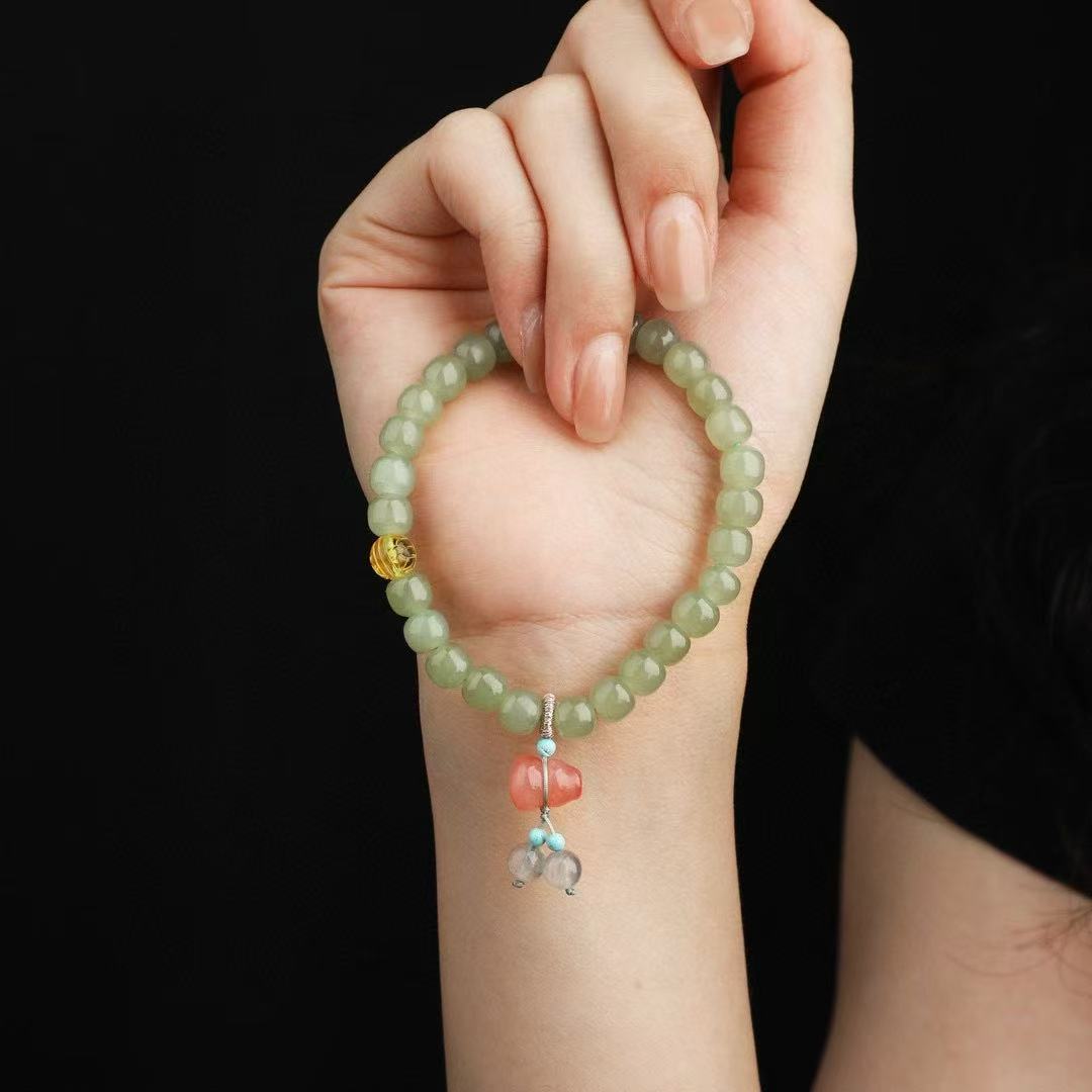 ✨ Hetian Jade Harmony Bracelet ✨ —6×7mm Mutton-Fat Beads • Salt Agate Gourd • Turquoise • Amber—