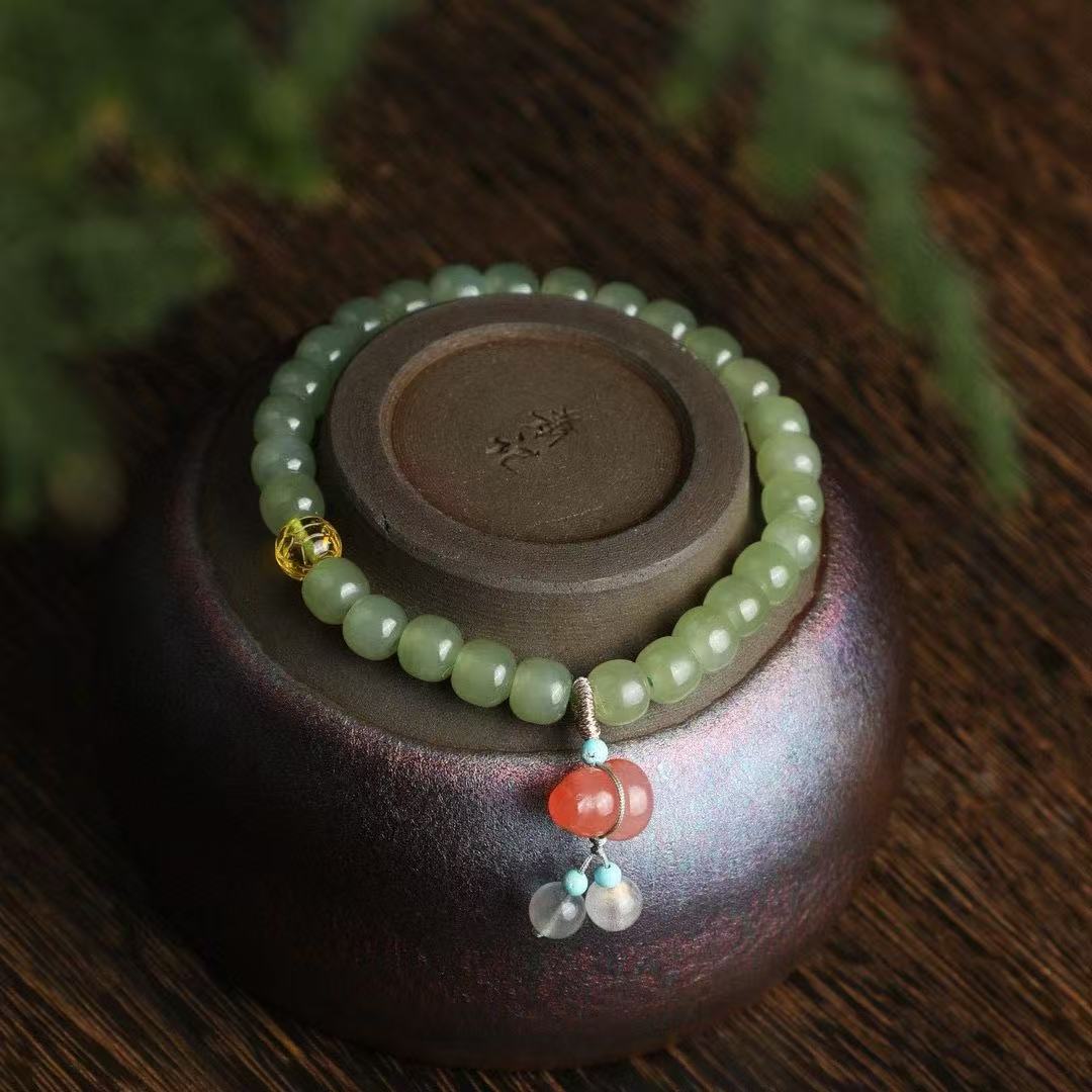 ✨ Hetian Jade Harmony Bracelet ✨ —6×7mm Mutton-Fat Beads • Salt Agate Gourd • Turquoise • Amber—