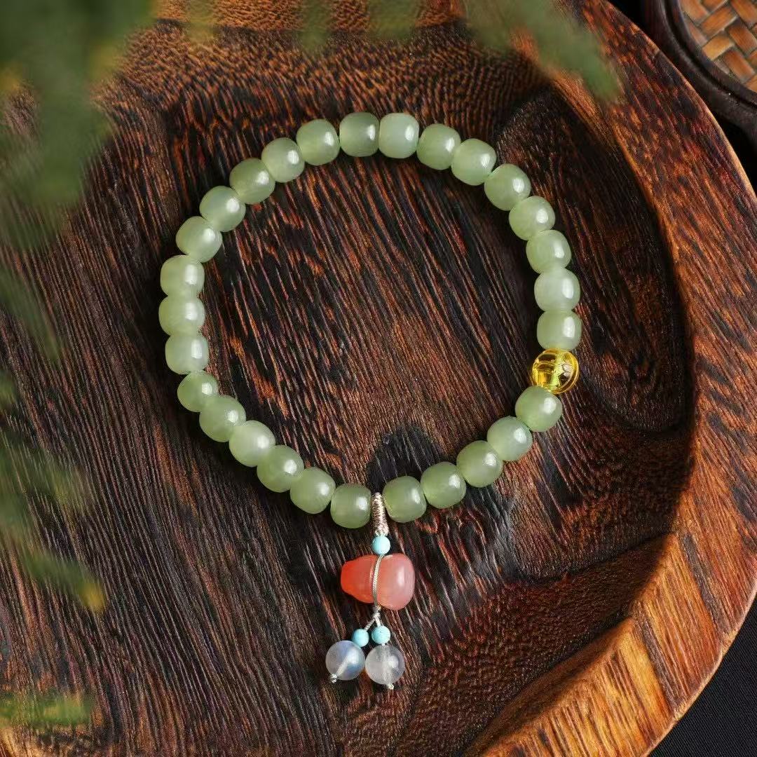 ✨ Hetian Jade Harmony Bracelet ✨ —6×7mm Mutton-Fat Beads • Salt Agate Gourd • Turquoise • Amber—