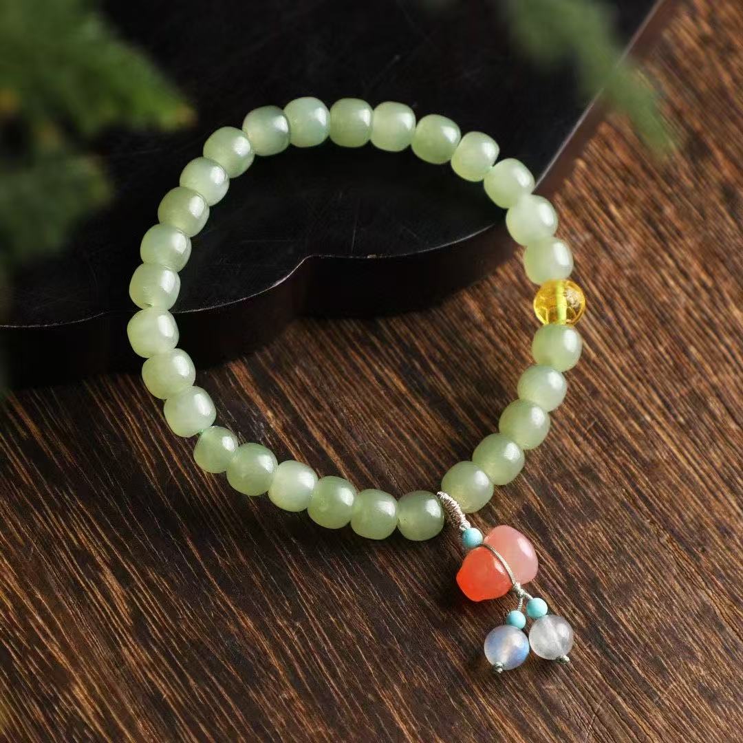 ✨ Hetian Jade Harmony Bracelet ✨ —6×7mm Mutton-Fat Beads • Salt Agate Gourd • Turquoise • Amber—
