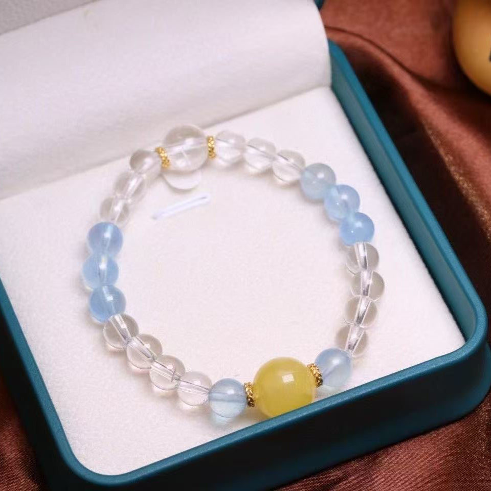 Summer Healer Bracelet | Natural Aquamarine + Clear Quartz + Amber | 8mm Chakra Beads