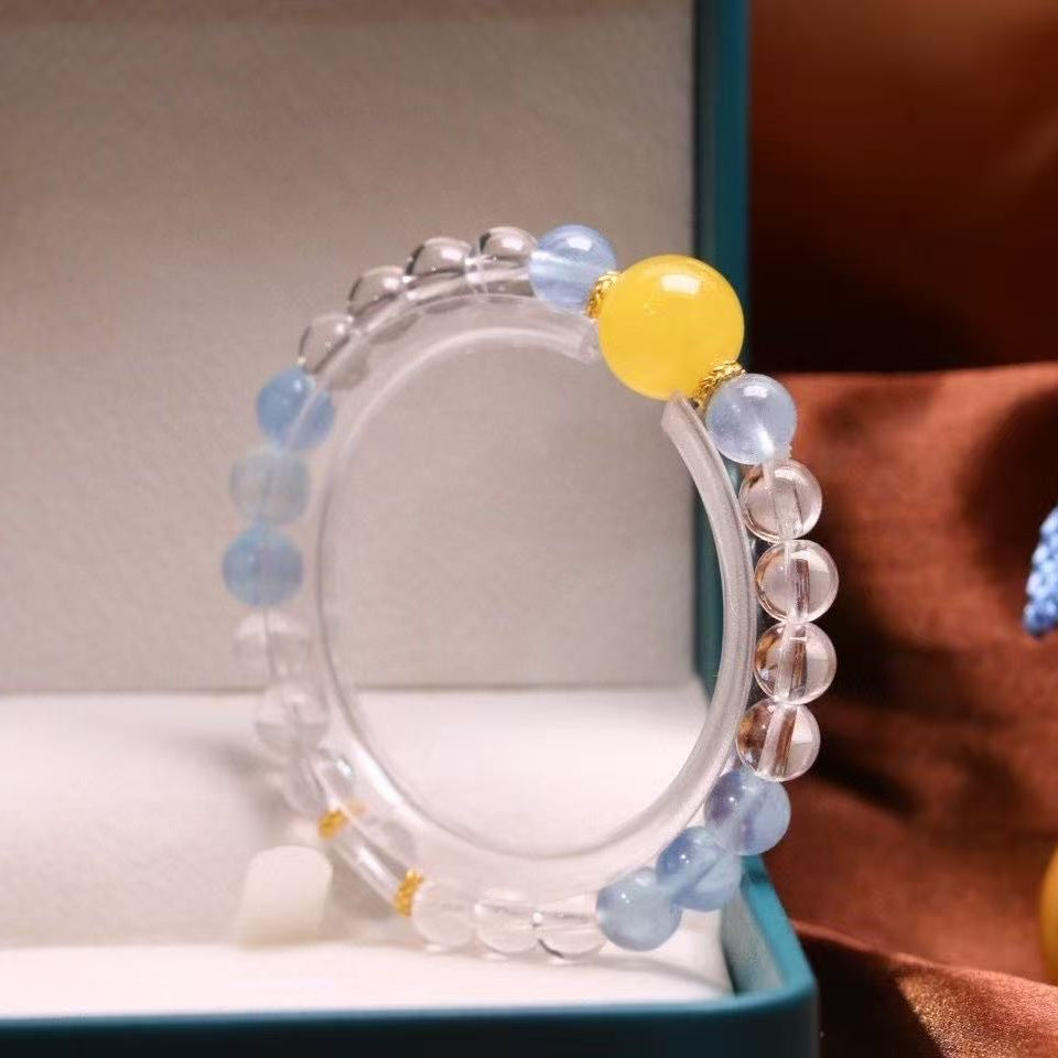 Summer Healer Bracelet | Natural Aquamarine + Clear Quartz + Amber | 8mm Chakra Beads