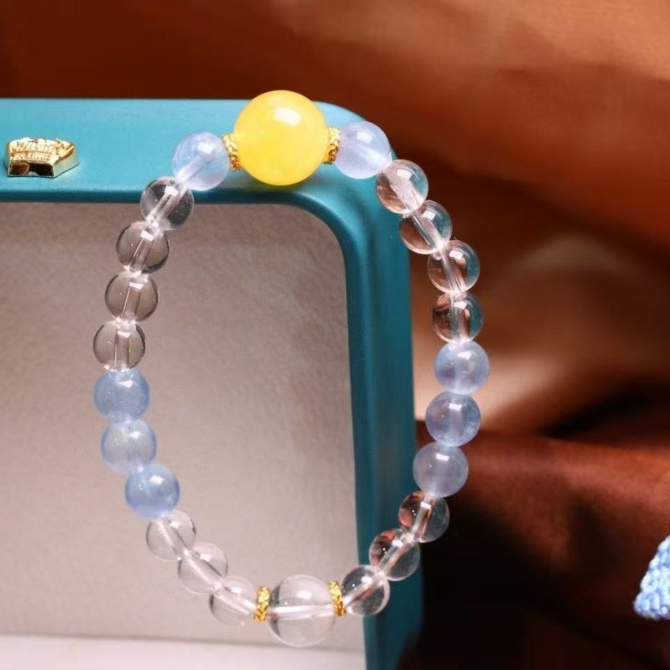 Summer Healer Bracelet | Natural Aquamarine + Clear Quartz + Amber | 8mm Chakra Beads
