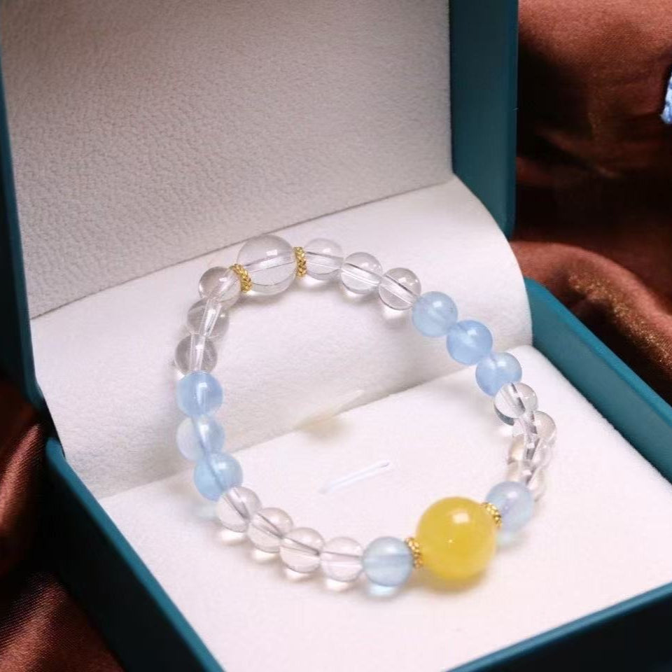 Summer Healer Bracelet | Natural Aquamarine + Clear Quartz + Amber | 8mm Chakra Beads