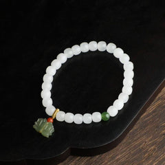 Snow-Kissed Mutton Fat Jade Bracelet｜6x7mm Oval Beads + Baltic Amber & South Red Agate