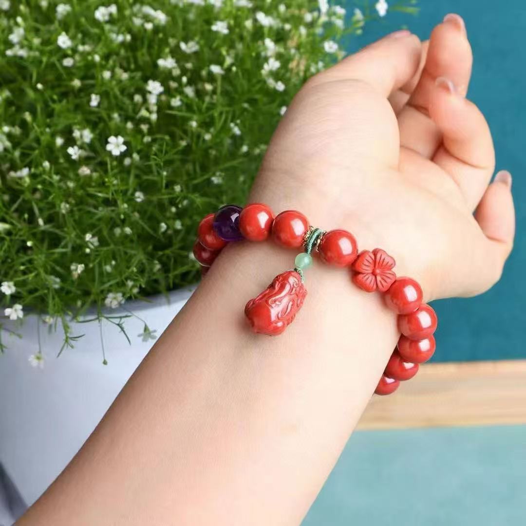 Imperial Cinnabar Pi Yao Bracelet｜10mm Genuine Zhu Sha + Amethyst｜Lab-Certified 95%