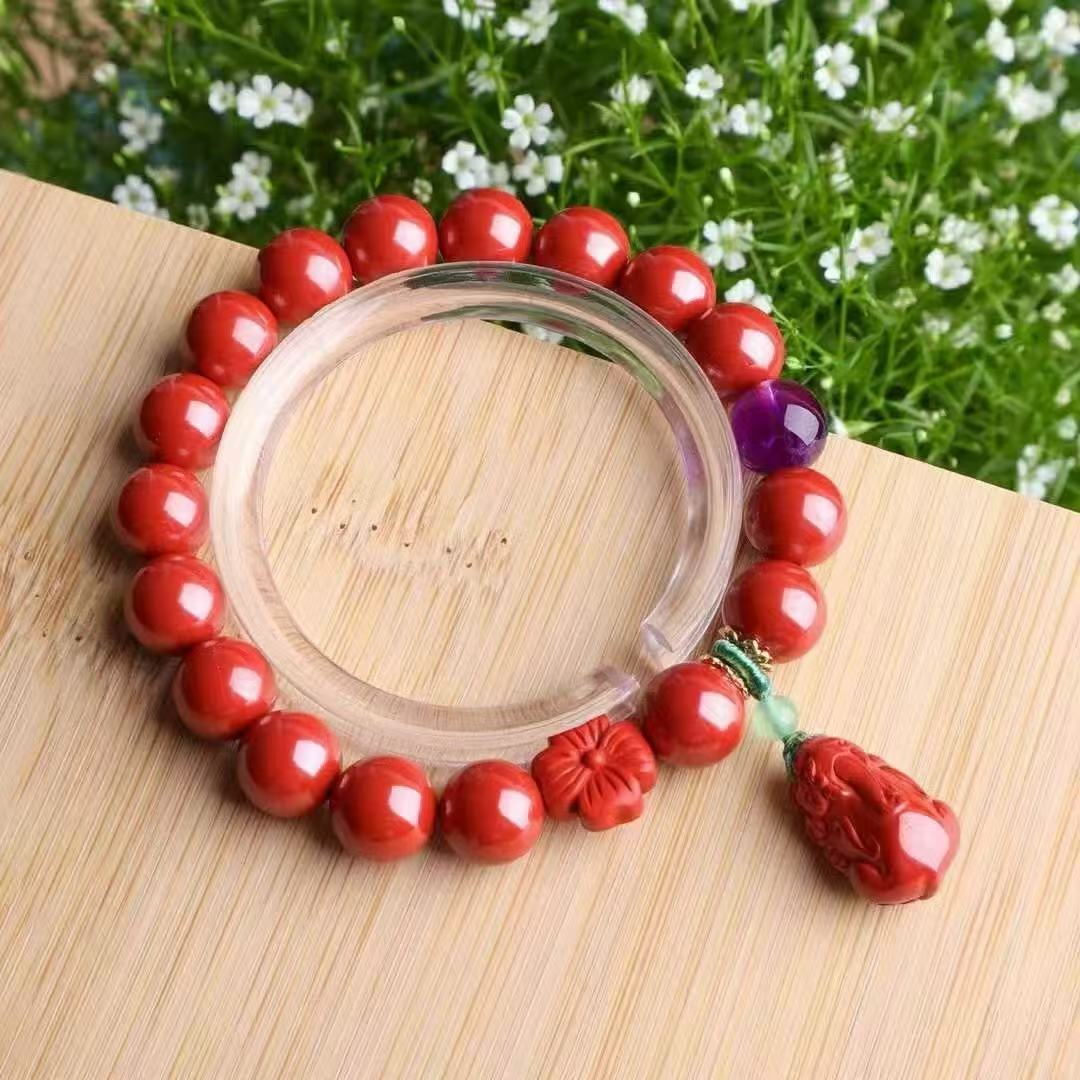 Imperial Cinnabar Pi Yao Bracelet｜10mm Genuine Zhu Sha + Amethyst｜Lab-Certified 95%