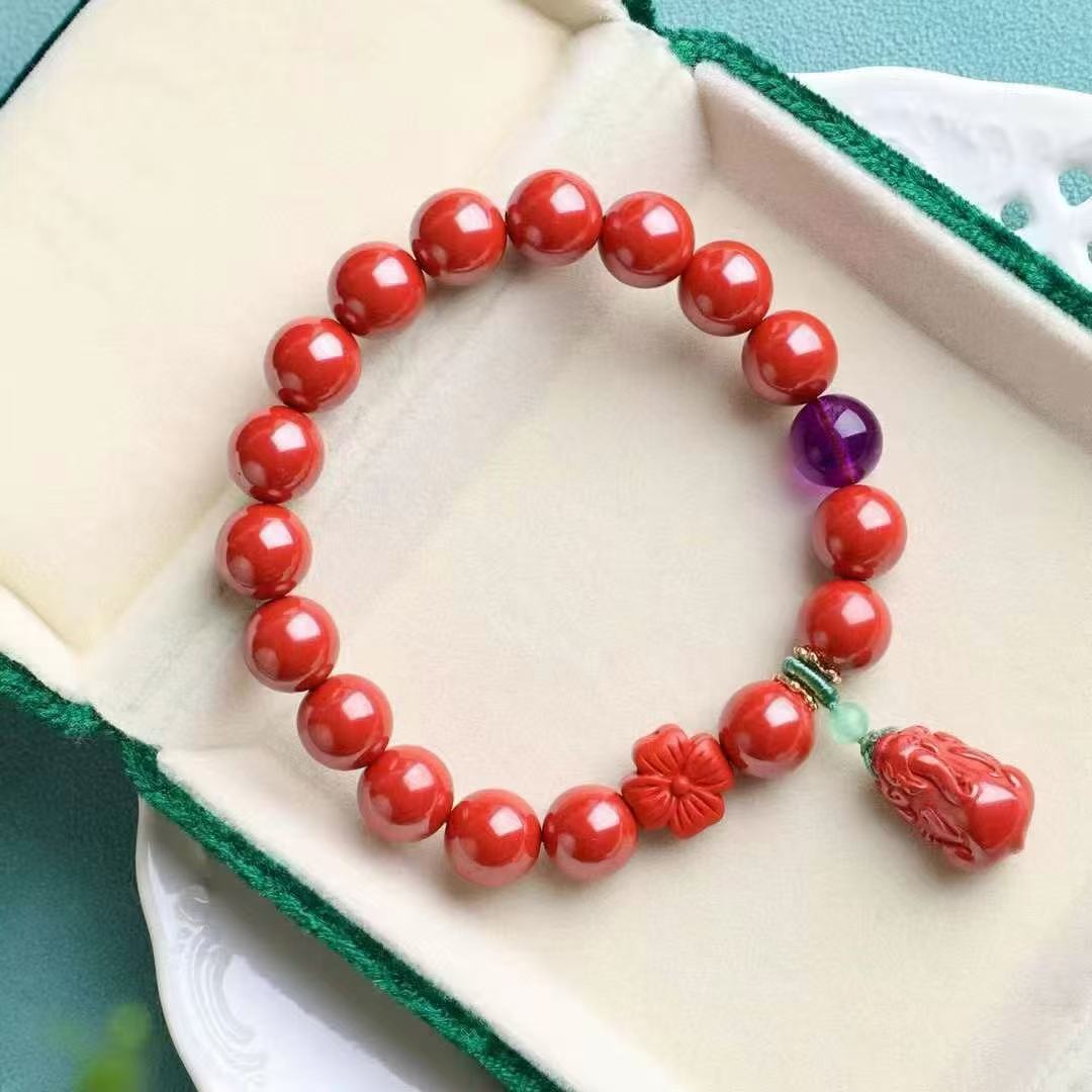 Imperial Cinnabar Pi Yao Bracelet｜10mm Genuine Zhu Sha + Amethyst｜Lab-Certified 95%