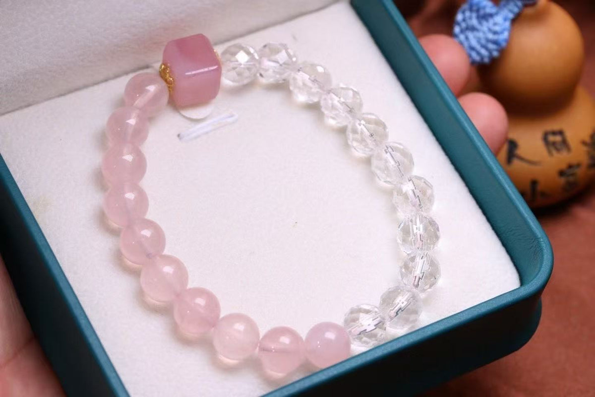 Blushing Meadow Bracelet 💖｜8mm Natural Rose Quartz + Honey Amber & Clear Quartz